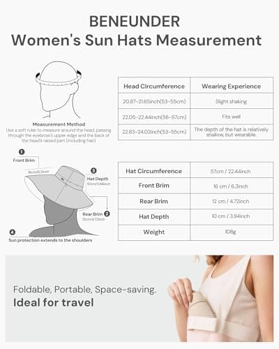 BENEUNDER Reversible Wide Brim Sun Bucket Hats UPF50+ UV Protection Foldable for Women Outdoor Beach Vacation Travel Gray - Thumbnail 6