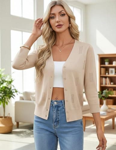 GRACE KARIN Women Black Sweaters for Women, Summer Cropped Bolero Shrug, Open Front V Neck Sweater Tops Apricot M - Thumbnail 2