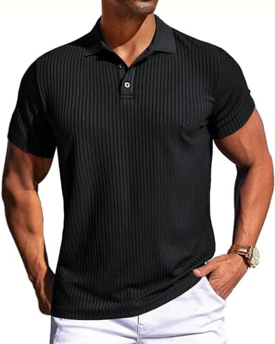 Mens Vintage Knit Polo Shirts Regular Fit Stripe Texture Golf Polos T Shirt Black Textured Polo Shirts for Men Black S - Image 1