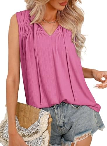 Dokotoo Women's Tank Tops Pink Dressy Casual Shirts Women Summer Tops 2026 Trendy V Neck Sleeveless Spring Outfits Business Tunic Vest Pleated Flowy Loose Fit Clothes Size Large - Image 1