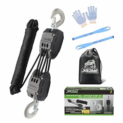 ‌XSTRAP STANDARD Heavy-Duty Block and Tackle Pulley System, 1000LB wCapacity, 5:1 Lifting Power, 50FT Rope Hoist with 2 Soft Loops for Garage, Hunting, Tree Cutting, Deer Hoist, DIY Attic Lift, Black