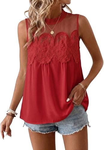 Funlingo Lace Mesh Tops for Women Crew Neck Swing Flared Embroidered Blouses Dressy Casual Tunic Shirt Summer Boho Red Peplum Top Red L - Thumbnail 2