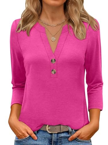 ANRABESS Women 3/4 Length Sleeve Henley Tops V Neck Business Casual Work T Shirts Cute Travel Shirt 2026 Spring Trendy Outfit Hot Pink Small