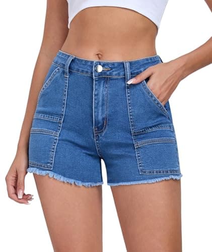 Aotasely 2026 Women's Stretchy Cargo Denim Shorts Mid Rise Jean Shorts Raw Hem Jorts with Pockets Short Jeans 3.5" Inseam - Image 1