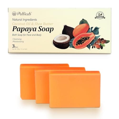PALFICAB Papaya Soap Face & Body Wash, Natural Gentle Exfoliation Soap for All Types – Reduce Acne, Cleanse Scars & blackhead – with Papaya, Coconut Oil & Shea Butter, Purple Foaming Net, 3 Bars - Image 1