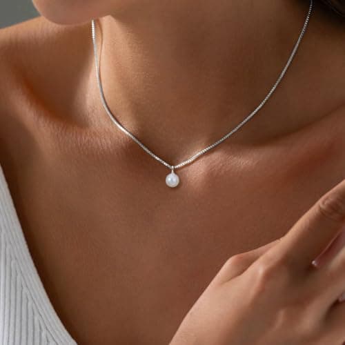 Silver Pearl Necklace for Women Trendy, Simple Gold Plated Box Chain Pendant Choker, Dainty Charm Necklace - Thumbnail 2