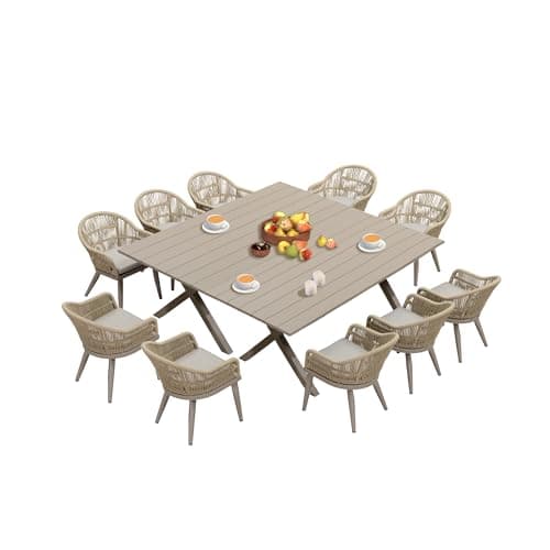 PURPLE LEAF 12 Pieces Patio Dining Set with Outdoor Aluminium Dining Table and Woven Chairs Modern Metal Furniture Cushions Sets for Garden Yard Indoor Decor Kitchen Champagne