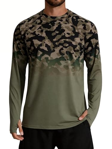 XiaoMoSha Men's Sun Protection Long Sleeve Shirts UPF 50+ Rash Guard Swim T-Shirt Quick Dry Fishing Hiking Running Top Outdoor Lightweight Athletic UV Sports Shirt Small Green Camouflage