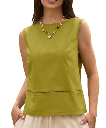 AceNest High Neck Tank Tops Linen Vest Plus Size Linen Crop Tops Boho Vacation Outfits Green XL - Image 1