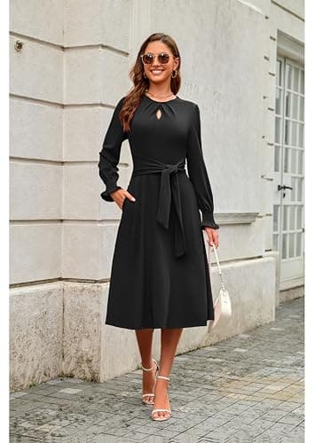 ECOWISH Womens Dresses 2025 Fall Long Sleeve Tie Waist Casual Wedding Guest Party Cocktail Flowy A Line Midi Dress with Pockets Black Large - Thumbnail 4