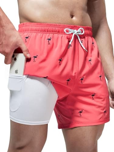 Arcweg Mens Swimming Trunks 2 in 1 with Boxer Liner 5.5" Quick Dry Swimwear Bathing Suit Swim Shorts with Zipper Pockets L(US) Flamingo - Image 1