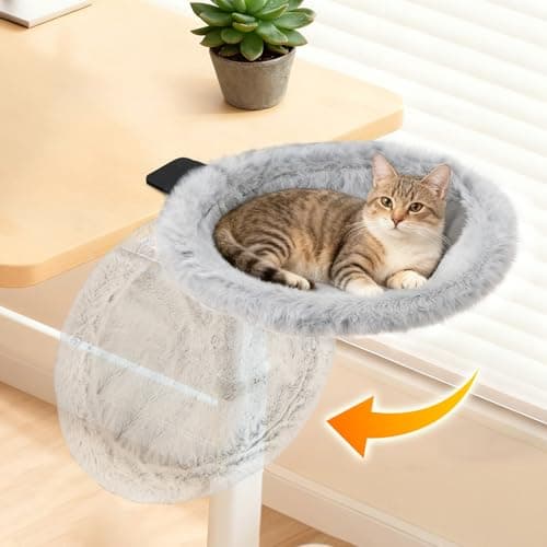Pawaboo Cat Desk Bed, Sunken Cats Hammock with Steel Clamp Hold up to 40lbs, One-click Foldable Cat Side Table Beds with Soft Plush, Reversible & Washable Hanging Cats Bed for Game Office Home Desktop - Image 1