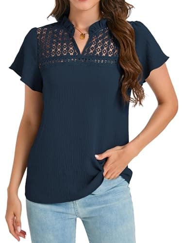 Funlingo Women Summer Tops Ruffle Short Sleeve V Neck Blouses Dressy Casual Eyelet Lace Work Shirts Spring Clothes Trendy Outfits Deep Blue S - Thumbnail 2