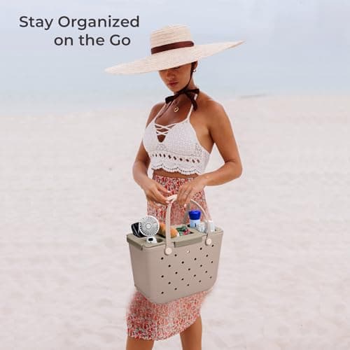 ZYTONGMAO Tote Topper Tray Accessories for Bogg Bag Large Only – Waterproof EVA Table Top Organizer Lid with Cup Holder, Snack, Phone & Drink Holders for Beach, Pool, Picnic, Travel (Khaki) - Thumbnail 6