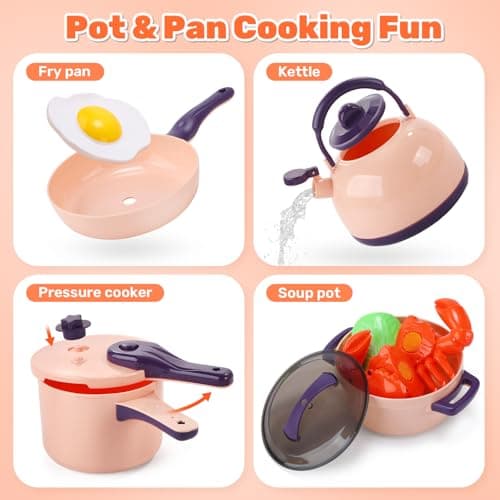 CUTE STONE 70+ PCS Kids Play Kitchen Accessories, Pretend Cooking Toys with Peelable & Cuttable Play Food, Cookware, Tableware & Utensils, Shopping Basket, Tray, Educational Gift for Girls & Boys - Thumbnail 5