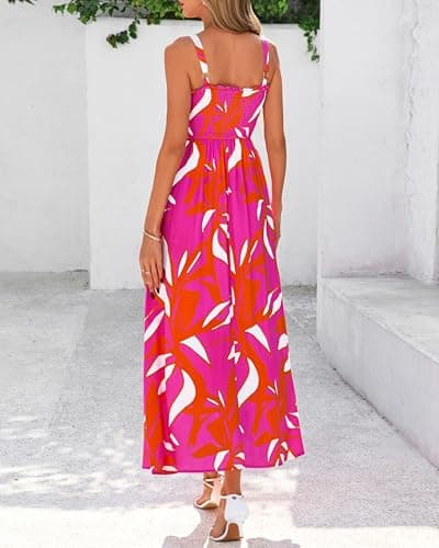 PRETTYGARDEN Womens Summer Dresses 2026 Casual Spaghetti Strap Ruffle Smocked Flowy Floral Spring Maxi Dress with Pocket(Rose Red Orange Floral,Small) - Thumbnail 5