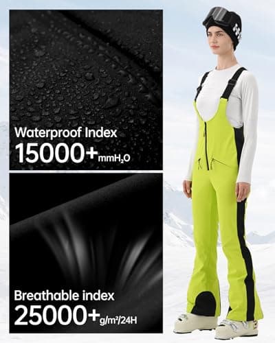 HIGH EXPERIENCE Womens Ski Bib Pants Slim Fit Soft Shell Snow Skinny Fitted Snowboard Insulated Waterproof Windproof Warm (Light Green, Medium) - Thumbnail 4