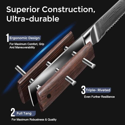 Plys Steak Knives Set of 6 Japanese: Serrated Knife Stainless Steel Steak Knife Set for Kitchen Dishwasher Safe Full Tang Design with Gift Box for Mother and Father - Thumbnail 4