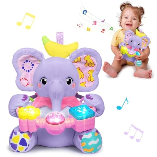 Holaxander Baby Elephant Musical Stuffed Animals Toy with Light-Up Music & Crinkle Sound Paper,Infant Bilingual Early Learning Education Toys,Tummy Time Toys for 0-3-6-12+ Months Boy Girl, Purple