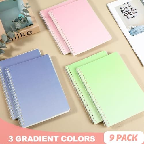 Niodel 9 Pcs Spiral Notebooks, 3 Gradient Colors (Pink/Green/Blue), A5 7mm College Ruled 120 Pages Journals for School Work Travel, Durable PP Cover with Soft Silicone Coil & Rounded Edges - Thumbnail 2