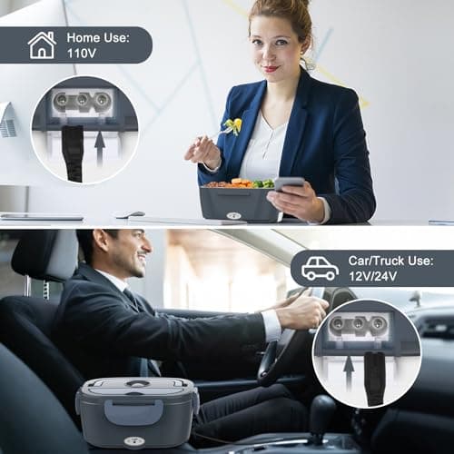 Vabaso Electric Lunch Box Food Heater, Electric Heating Lunch Boxes Lunch for Adults/Men/Car/Truck/Work, 1.5L Removable 304 Stainless Steel Container, 80W, 110V/12V/24V, with Fork & Spoon - Thumbnail 2