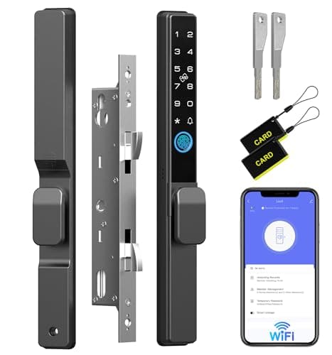 Anweller 2085 Mortise Sliding Glass Door Lock, Smart Fingerprint Code Keypad RFID Remote App Electronic Digital Biometric Safety Patio Door Double Hook Mortise Lock Set with Handle - Image 1