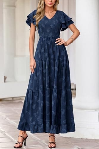dowerme Maxi Dresses for Women 2026 Summer Ruffle Sleeve V Neck Smocked A Line Floral Boho Tiered Sundress Spring Outfit(Navy Blue,Small) - Thumbnail 2