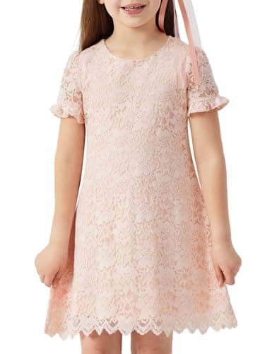 ALLOVIN Girls & Toddlers Graduation Soft Lace A-Line Short Sleeve Birthday Party Flower Girl Dress Wedding Communion | Pink | 4T - Image 1