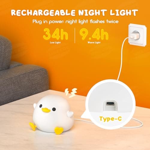 UNEEDE LED Cute Bean Duck Night Light, DoDo Duck Silicone Nursery Night Light Squishy Dimmable Rechargeable Table Bedside Lamp with Touch Sensor for Bedrooms, Living Room Unique Dorm Decor Gift Toy - Thumbnail 6