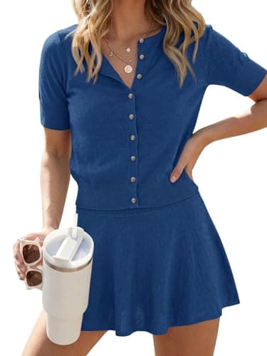 Wenrine Womens Sweater 2 Piece Sets Casual Short Sleeves Cardigan A-Line Flared Mini Skirt Outfits Workout Lounge Matching Sets - Image 1