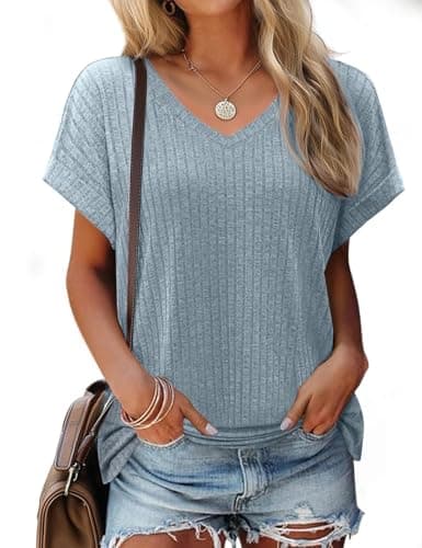JUSTFASHIONNOW V Neck T Shirts for Women Cute Summer Dolman Sleeve Tops Dressy Casual Side Split Tops 2026 Fashion Loose Fit Clothes Blue M - Image 1