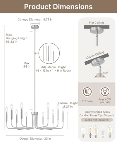 Yunnix 10 Light Brushed Nickel Chandelier, 33" Extra Large Modern Farmhouse Hanging Fixture - Sleek Silver Chandelier Dining Room Light for Kitchen Island, Living Room, Hall, Foyer - Thumbnail 4