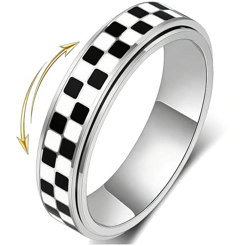 Checkered Fidget Ring for Anxiety Relief, Discreet Silent Spinning Jewelry, Black & White Pattern Durable Stainless Steel Sliver Plated Thumb Spinner Jewelry for Work Office Adults Women Men Size 5-11