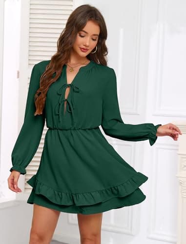 Angashion Women's 2026 Fall Casual Long Sleeve Mini Dress Self Tie V Neck Layer Ruffle Hem Dresses with Pockets Dark Dreen Large - Thumbnail 3