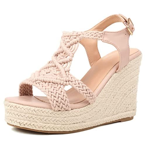RUSAUISE Open-toe Woven Wedge Sandals for Women Cutout Buckle Strap Platform Sandals Open-back Braided Espadrille Wedge Comfortable Shoes Nude Size 10.5 - Image 1