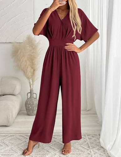 LOOKBOHO Womens Short Sleeve Dressy Jumpsuits V Neck Wide Leg Pant Romper Casual Wedding Party One Piece Outfits Red M - Thumbnail 2
