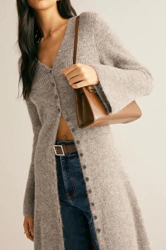 Jenisso Womens V-Neck Button Maxi Cardigan Bell Long Sleeve Open Front Split Breasted Sweater Dress Light Brown - Thumbnail 2