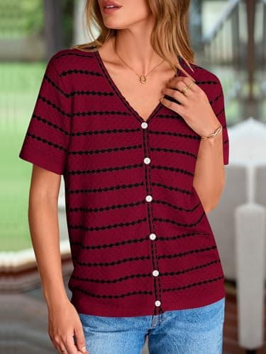 NALANISA Short Sleeve Sweaters for Women Trendy 2026 Spring Summer Tops V Neck Striped Button Up Causal Dressy Blouses (Dark Red,XL) - Thumbnail 2