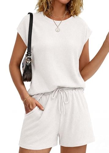 KIRUNDO Waffle Knit Short Sets For Women 2026 Summer Two Piece Cap Sleeve Lounge Set Matching Drawstring Vacation Outfits(White, Medium) - Image 1
