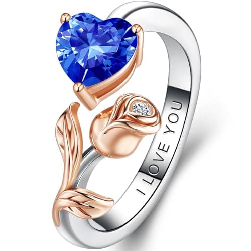 1CT Rose Heart Adjustable Ring 6.5~8 Sapphire Ring Sapphire VVS1 D Clarity 18K White/Rose Gold Gift for Wife Mother Daughter Birthday Wedding Engagement Christmas Anniversary Mothers Day Gift for Mom Bride - Image 1