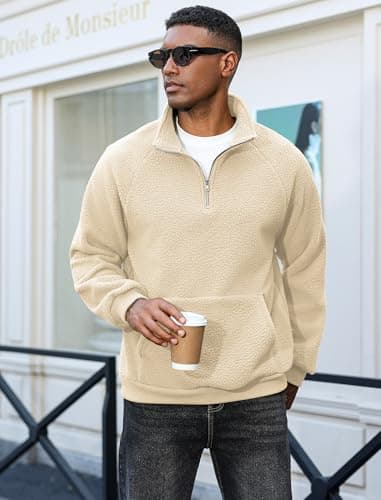 ZAFUL Men's Fluffy Polar Fleece Sweatshirt Embroidery Half Zip Unisex Hoodie Apricot M - Thumbnail 4