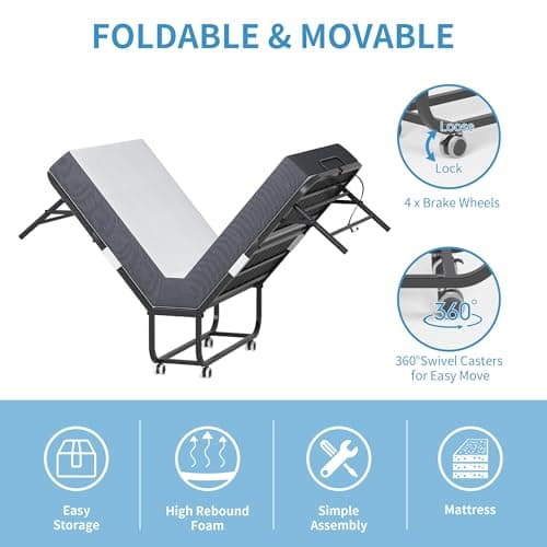 BIZOEIRON Folding Bed with Mattress for Adults, 75" x 38" Foldable Bed, Twin Size Metal Bed Frame with Wheels, Portable Rollaway Bed for Guest, Travel - Thumbnail 6