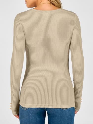 ANRABESS Womens Long Sleeve Shirts Slim Fitted Tops Beige Medium - Thumbnail 5