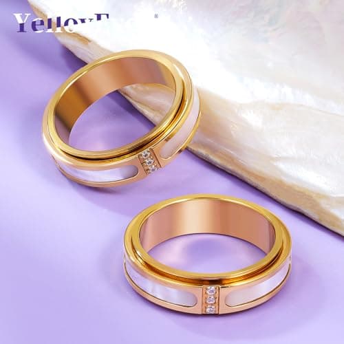 YellovEvey Fidget Spinner Ring for Women - 18K Gold Plated Stainless Steel with Mother of Pearl Shell & Cubic Zirconia, Anxiety Relief Spinning Jewelry Gift for Birthday Wedding Engagement Anniversary - Thumbnail 6