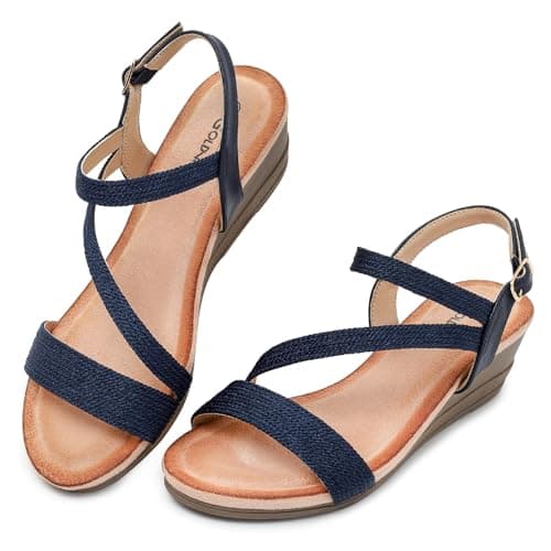 Goldnut Navy Blue Wedge Sandals for Women Dressy: Summer Low Wedges Sandal - Women's Navy Strappy Sandals Comfortable Casual Size 10 - Image 1