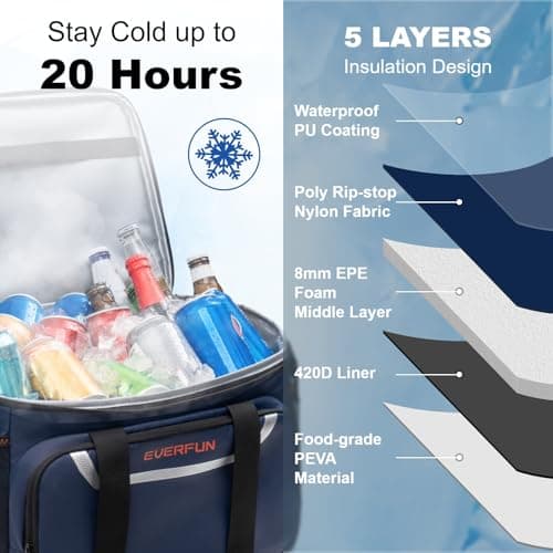 EVERFUN Large Soft Cooler Bag Insulated Cooler 48 Can Dual Compartments Collapsible Waterproof Leak-Proof for Camping Travel Beach Picnic, Navy - Thumbnail 5