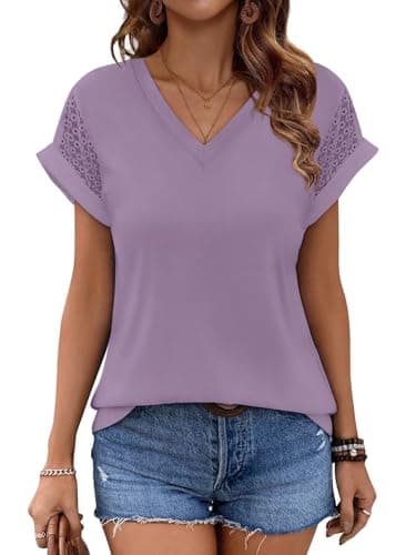 Bliwov Womens Summer Tops V Neck Lace Short Sleeve T Shirts Dressy Casual Business Outfits 2026 Spring Fashion Tee Clothes Light Purple - Image 1