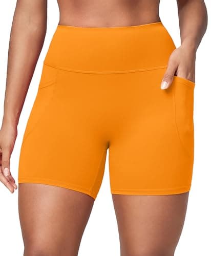 BRXL Biker Shorts with Pockets No Front Seam Compression Spandex Yoga Shorts Workout Gym Exercise Athletic Orange Large - Image 1