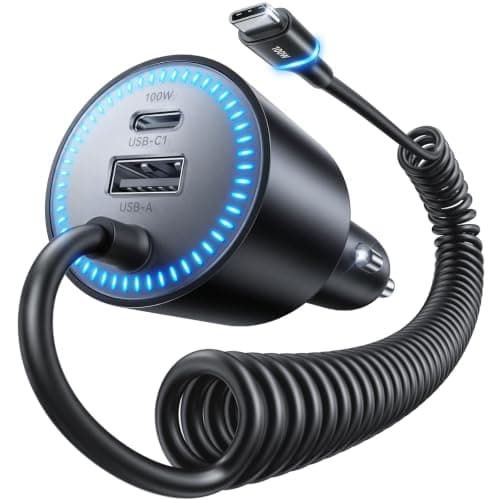 Rocoren 200W Car Charger USB C Fast Charge,Super Fast for iPhone 17 16 15 Pro Max Car Charger with 5.2Ft Type C Coiled Cable for MacBook Pro Air Laptop, Samsung S26/S25, iPad Pro, Travel Essentials