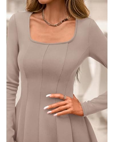 BTFBM Square Neck Dress for Women Casual Spring Long Sleeve Knit Pleated Elegant Classy 2026 Fall Cocktail Mini Dresses(Khaki, Small) - Thumbnail 5